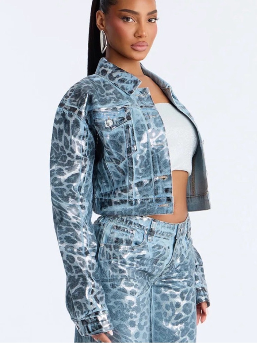Blue Leopard Print Coated Denim Jacket